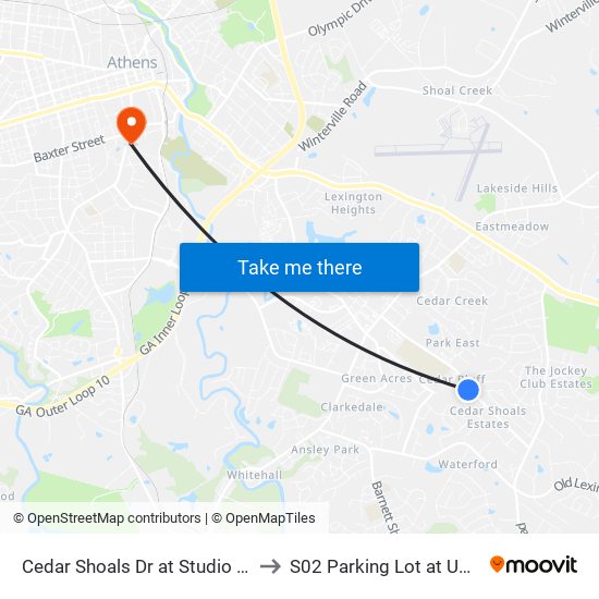 Cedar Shoals Dr at Studio Ct to S02 Parking Lot at UGA map