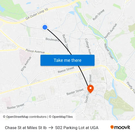 Chase St at Miles St Ib to S02 Parking Lot at UGA map