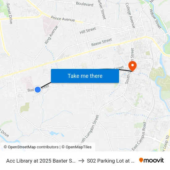 Acc Library at 2025 Baxter Street to S02 Parking Lot at UGA map
