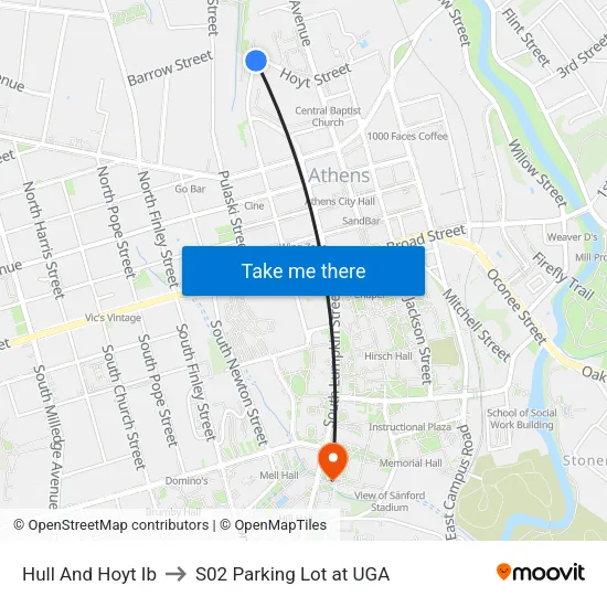 Hull And Hoyt Ib to S02 Parking Lot at UGA map