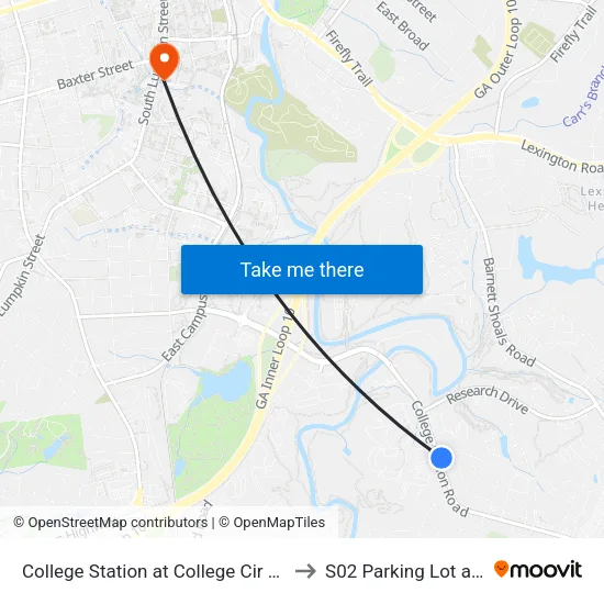 College Station at College Cir 2nd Stop to S02 Parking Lot at UGA map