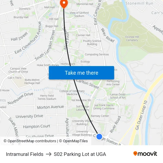 Intramural Fields to S02 Parking Lot at UGA map