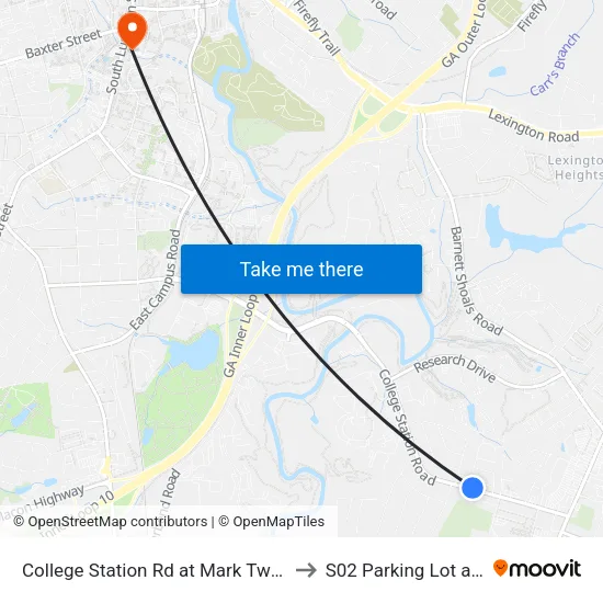 College Station Rd at Mark Twain Cir Ib to S02 Parking Lot at UGA map
