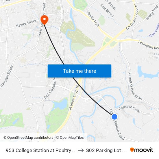 953 College Station at Poultry Research to S02 Parking Lot at UGA map