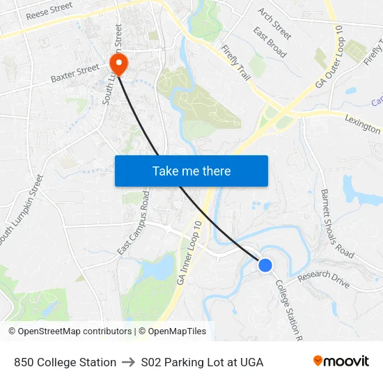 850 College Station to S02 Parking Lot at UGA map