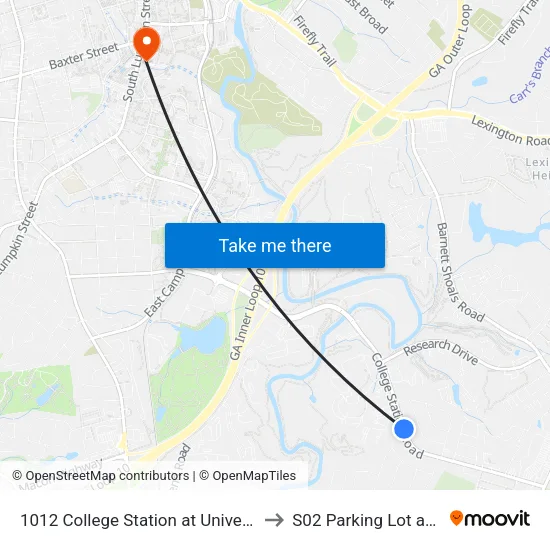 1012 College Station at University Cir to S02 Parking Lot at UGA map