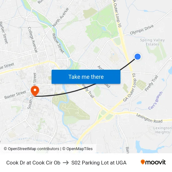 Cook Dr at Cook Cir Ob to S02 Parking Lot at UGA map
