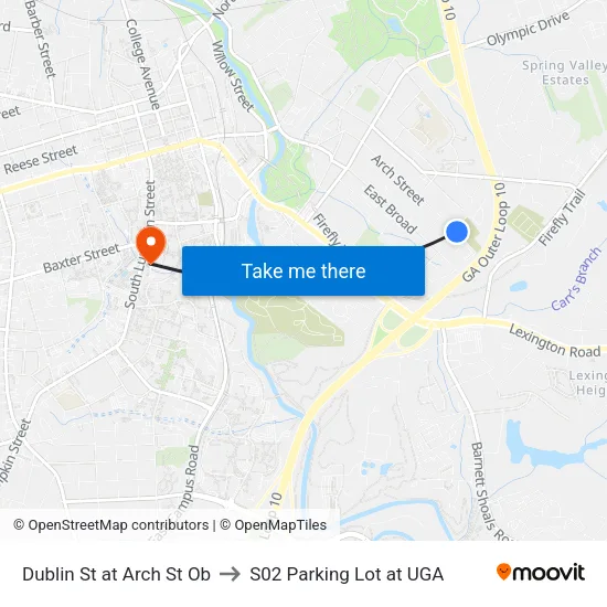 Dublin St at Arch St Ob to S02 Parking Lot at UGA map
