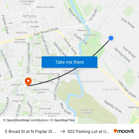 E Broad St at N Poplar St Ob to S02 Parking Lot at UGA map