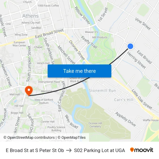 E Broad St at S Peter St Ob to S02 Parking Lot at UGA map