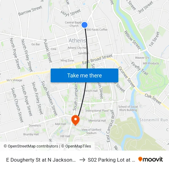 E Dougherty St at N Jackson St Ob to S02 Parking Lot at UGA map