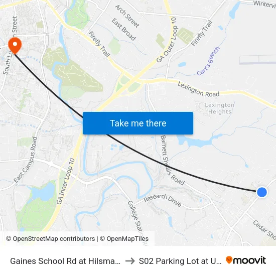 Gaines School Rd at Hilsman Ib to S02 Parking Lot at UGA map