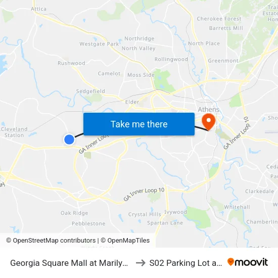 Georgia Square Mall at Marilyn Farmer to S02 Parking Lot at UGA map