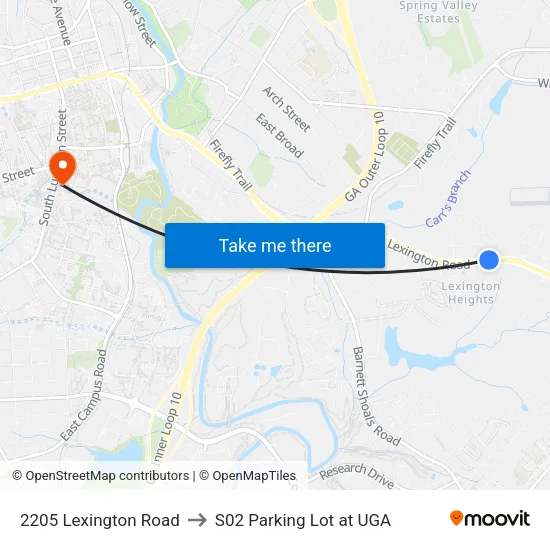 2205 Lexington Road to S02 Parking Lot at UGA map