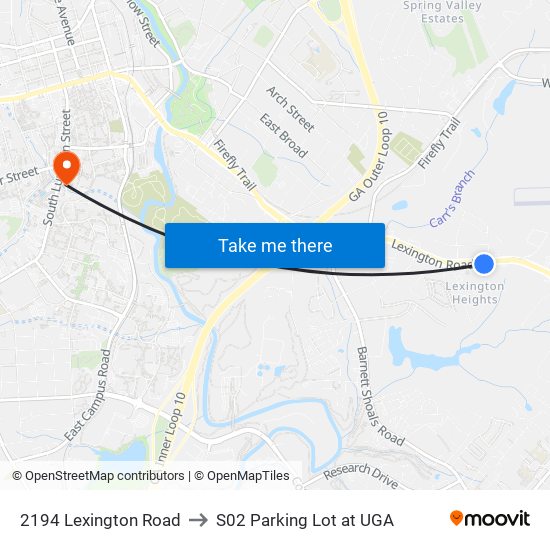 2194 Lexington Road to S02 Parking Lot at UGA map