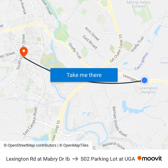 Lexington Rd at Mabry Dr Ib to S02 Parking Lot at UGA map