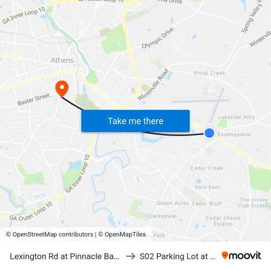 Lexington Rd at Pinnacle Bank Ob to S02 Parking Lot at UGA map