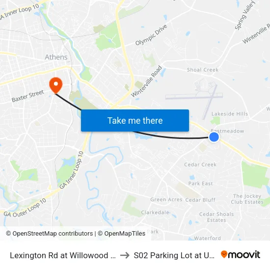 Lexington Rd at Willowood Ob to S02 Parking Lot at UGA map