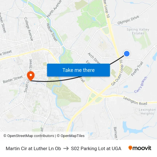 Martin Cir at Luther Ln Ob to S02 Parking Lot at UGA map