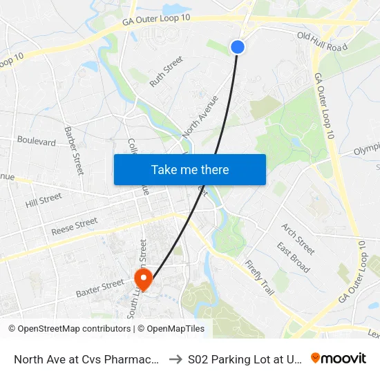 North Ave at Cvs Pharmacy Ib to S02 Parking Lot at UGA map