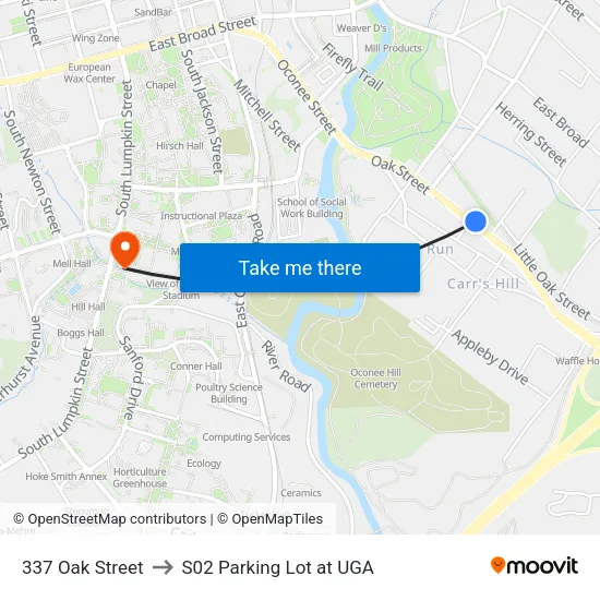 337 Oak Street to S02 Parking Lot at UGA map