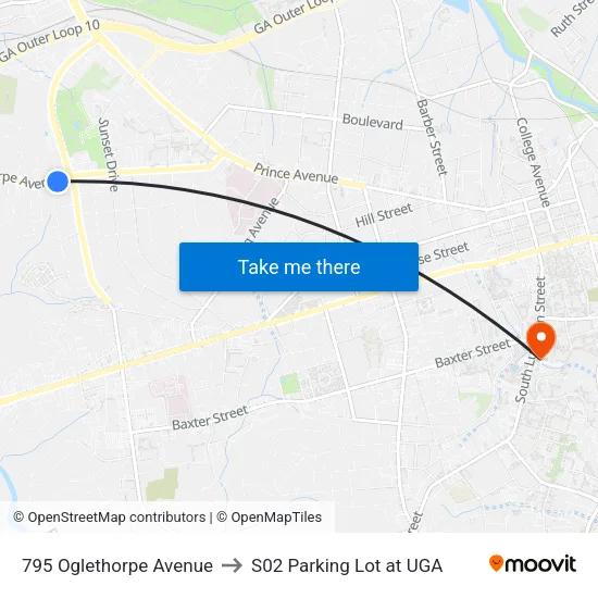 795 Oglethorpe Avenue to S02 Parking Lot at UGA map