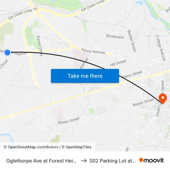 Oglethorpe Ave at Forest Heights Dr to S02 Parking Lot at UGA map