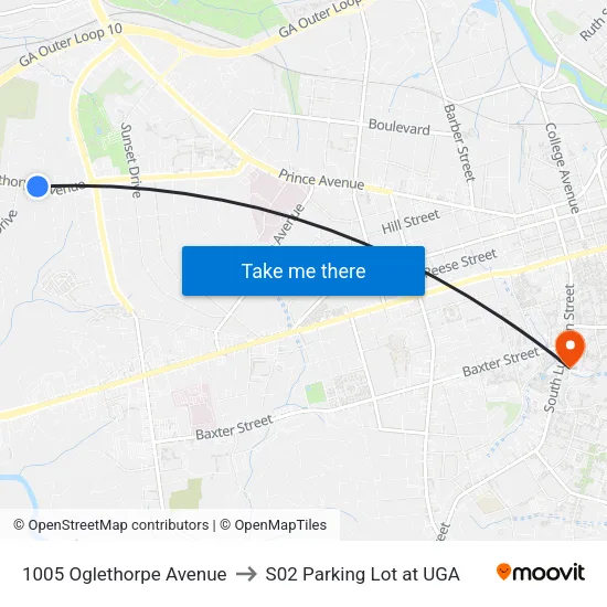 1005 Oglethorpe Avenue to S02 Parking Lot at UGA map