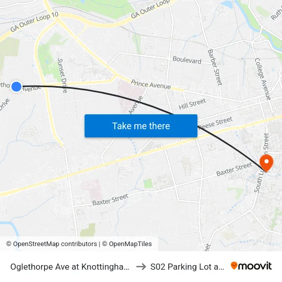 Oglethorpe Ave at Knottingham Dr Ob to S02 Parking Lot at UGA map