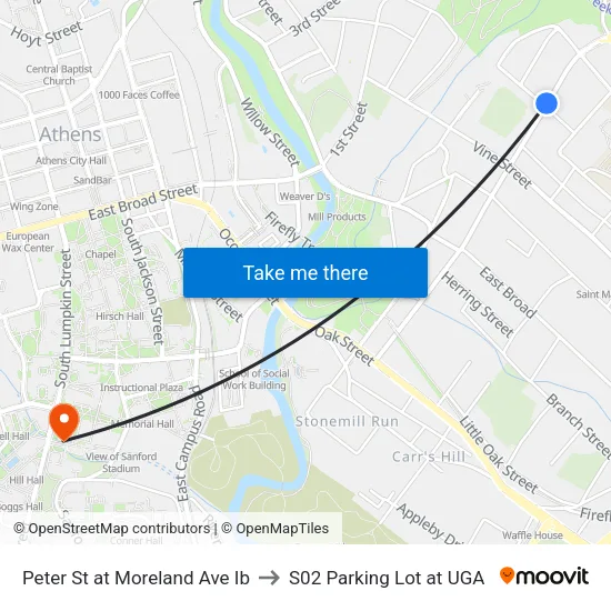 Peter St at Moreland Ave Ib to S02 Parking Lot at UGA map