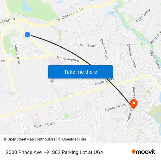 2000 Prince Ave to S02 Parking Lot at UGA map