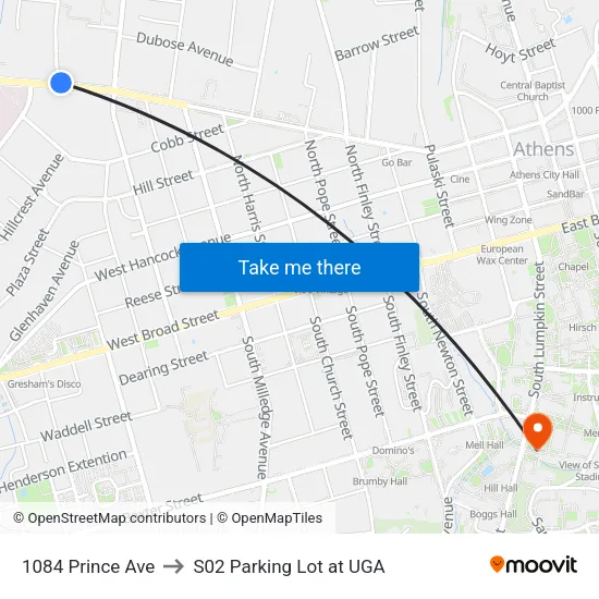 1084 Prince Ave to S02 Parking Lot at UGA map