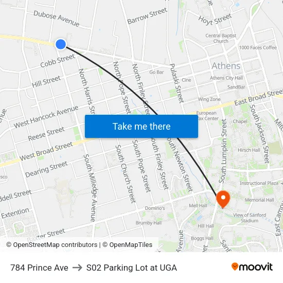 784 Prince Ave to S02 Parking Lot at UGA map