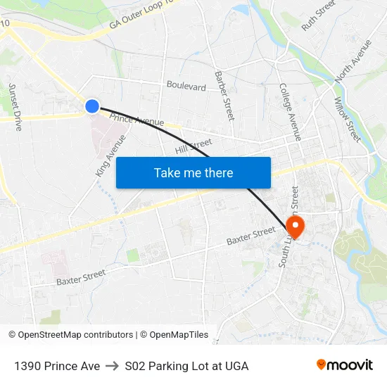 1390 Prince Ave to S02 Parking Lot at UGA map