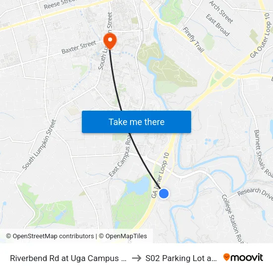 Riverbend Rd at Uga Campus Mail Ob to S02 Parking Lot at UGA map