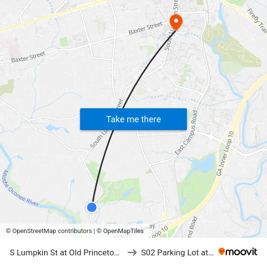 S Lumpkin St at Old Princeton Rd Ob to S02 Parking Lot at UGA map