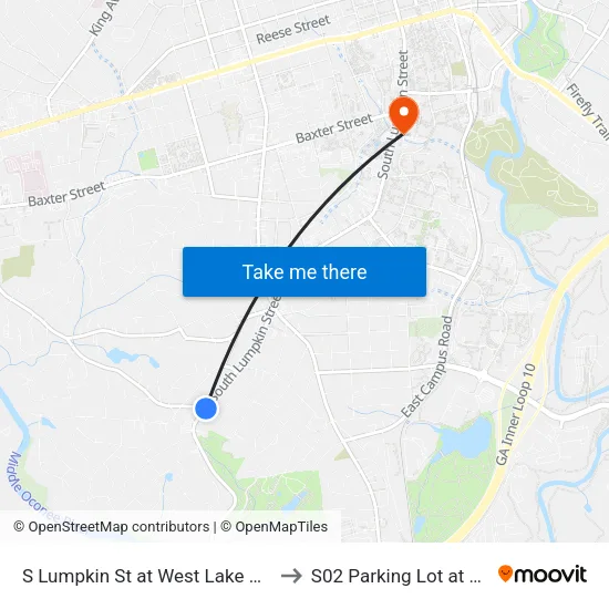 S Lumpkin St at West Lake Dr Ob to S02 Parking Lot at UGA map