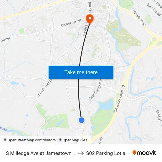 S Milledge Ave at Jamestown Apts Ib to S02 Parking Lot at UGA map