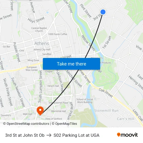3rd St at John St Ob to S02 Parking Lot at UGA map
