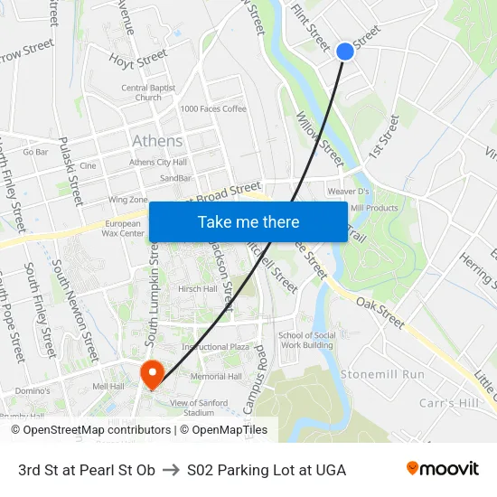 3rd St at Pearl St Ob to S02 Parking Lot at UGA map
