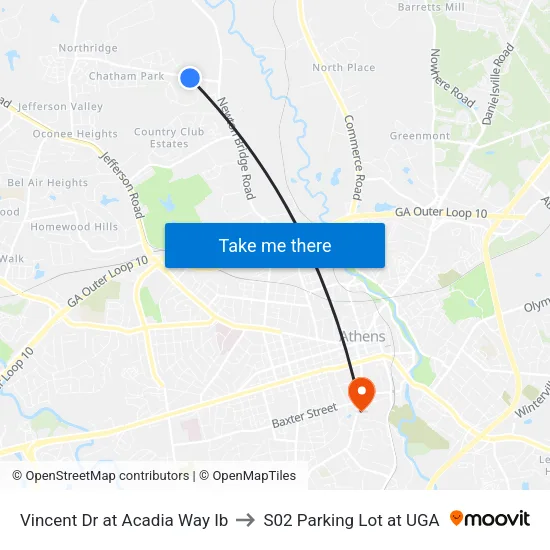 Vincent Dr at Acadia Way Ib to S02 Parking Lot at UGA map