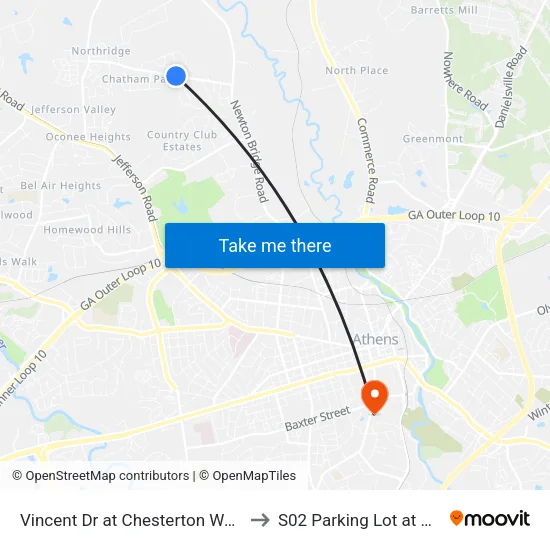 Vincent Dr at Chesterton Way Ib to S02 Parking Lot at UGA map