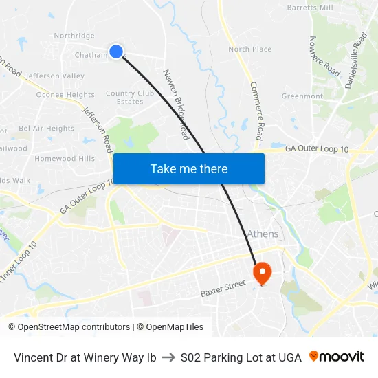Vincent Dr at Winery Way Ib to S02 Parking Lot at UGA map