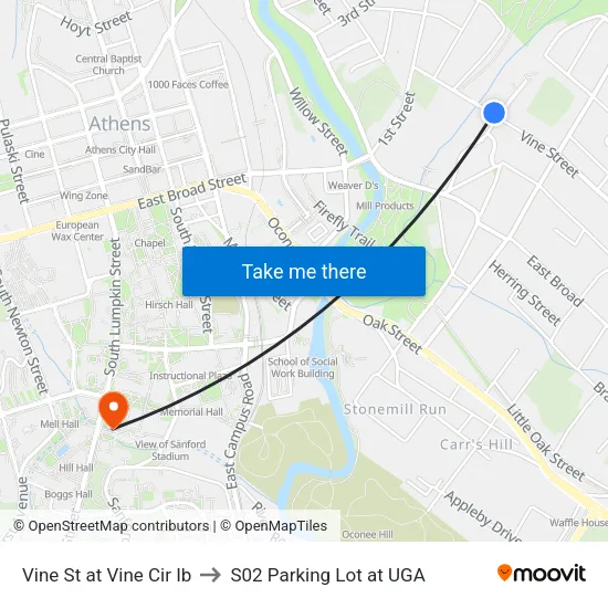 Vine St at Vine Cir Ib to S02 Parking Lot at UGA map