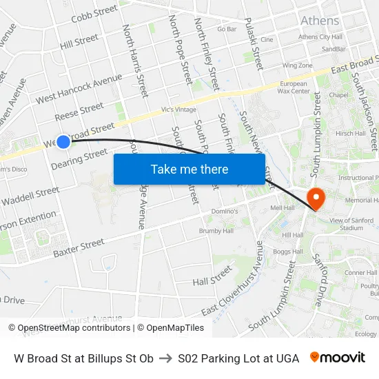 W Broad St at Billups St Ob to S02 Parking Lot at UGA map