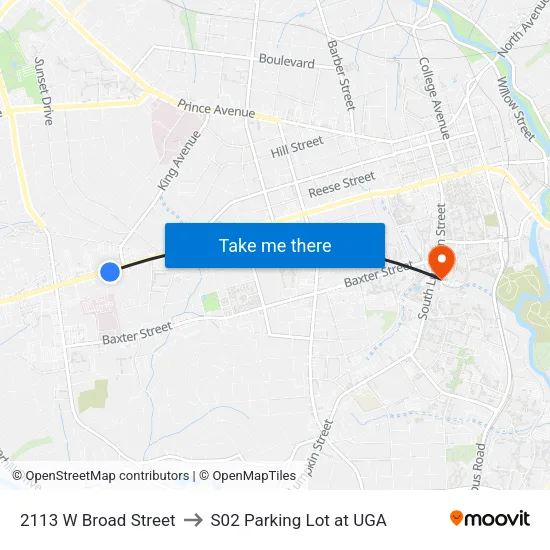 2113 W Broad Street to S02 Parking Lot at UGA map