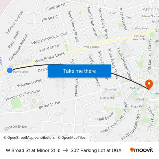 W Broad St at Minor St Ib to S02 Parking Lot at UGA map