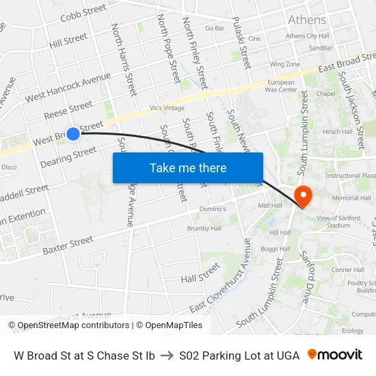 W Broad St at S Chase St Ib to S02 Parking Lot at UGA map