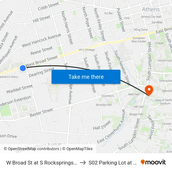 W Broad St at S Rocksprings St Ib to S02 Parking Lot at UGA map