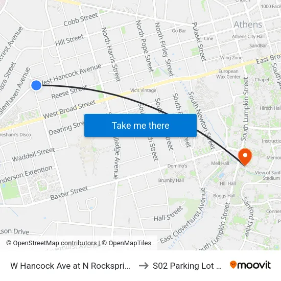 W Hancock Ave at N Rocksprings Rd Ob to S02 Parking Lot at UGA map